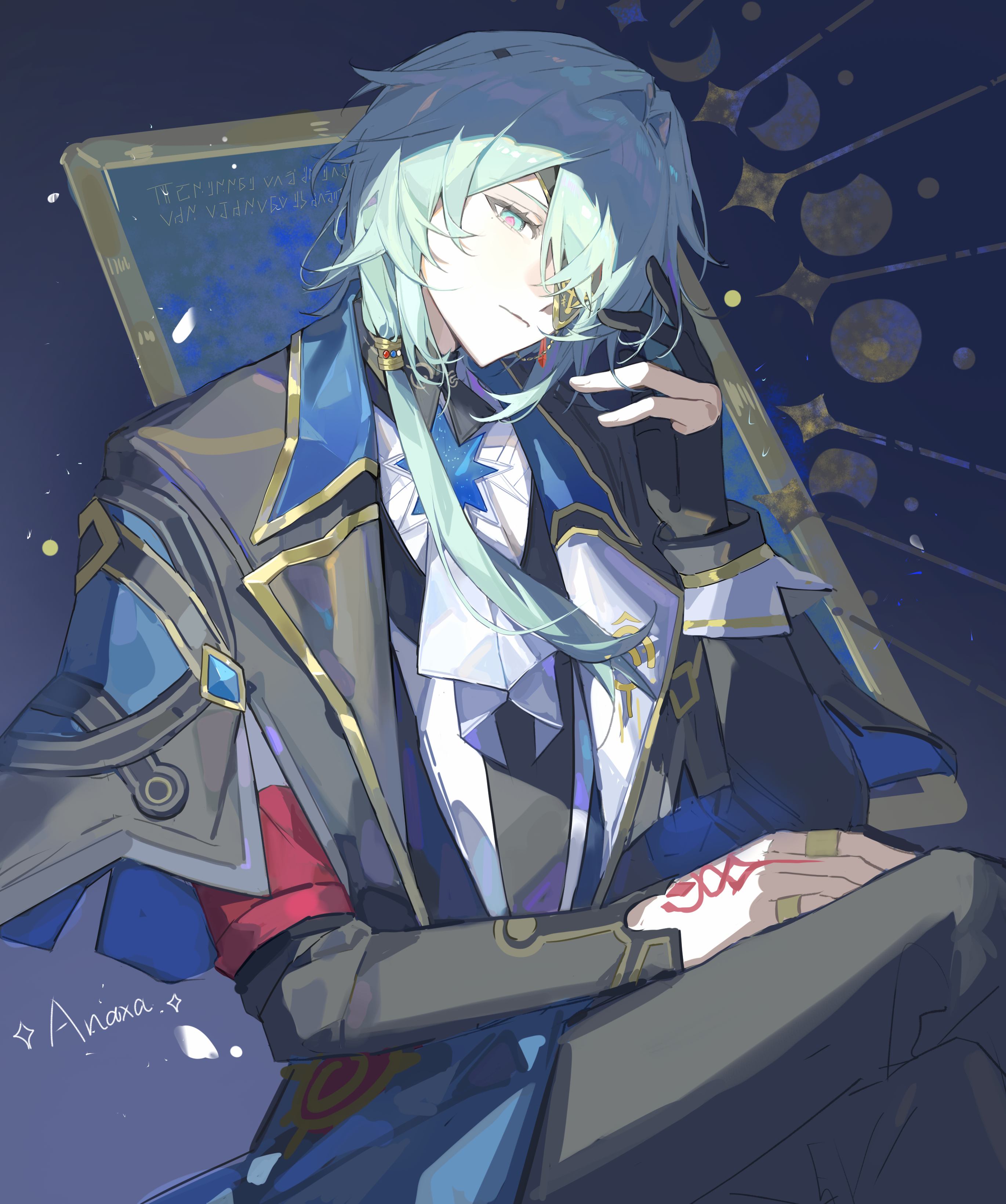 heiyi mataozi, anaxa (honkai: star rail), honkai: star rail, honkai (series), absurdres, highres, 1boy, black jacket, black pants, blue background, closed mouth, eyepatch, feet out of frame, green eyes, green hair, hand tattoo, hand up, jacket, long hair, long sleeves, looking at viewer, low ponytail, male focus, open clothes, open jacket, pants, ponytail, sitting, solo, tattoo