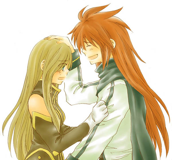 luke fon fabre, tear grants, tales of (series), tales of the abyss, spoilers, 00s, 1boy, 1girl, blue eyes, brown hair, gloves, hand on another's head, long hair, official alternate costume, red hair, smile, tears