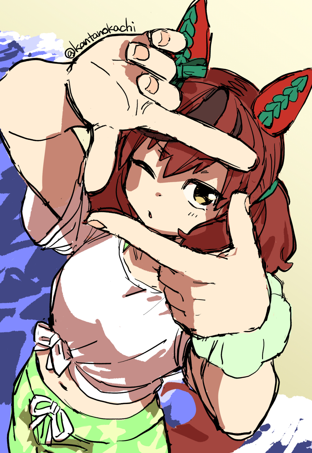 okachi, nice nature (umamusume), umamusume, highres, 1girl, animal ears, blush, bow, breasts, brown eyes, brown hair, ear bow, ear covers, ear ornament, ear ribbon, green bow, horse ears, horse girl, horse tail, long hair, long sleeves, looking at viewer, medium hair, multicolored hair, navel, open mouth, shirt, solo, streaked hair, tail, twintails