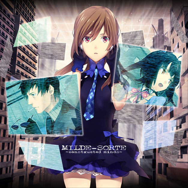 ginka sima, 1boy, 2girls, arms up, bow, bowtie, brown hair, building, cigarette, city, dress, glasses, gloves, grid, hands on headphones, headphones, holding, holding removed eyewear, holographic monitor, long hair, mouth hold, multiple girls, necktie, open mouth, parted lips, red eyes, reflection, ribbon, short hair, static, sunglasses, text focus, transparent, unworn eyewear