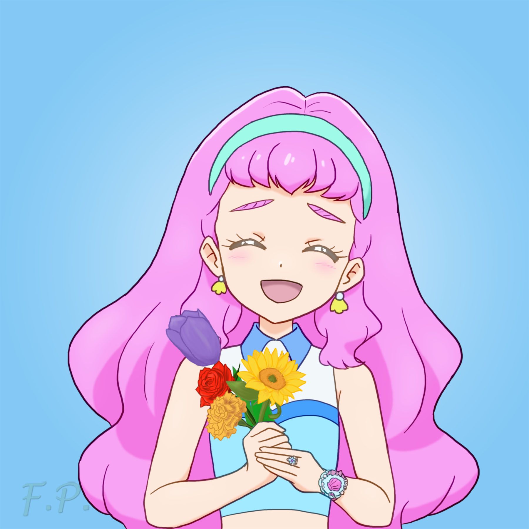 fuefukipiper, laura la mer, precure, tropical-rouge! precure, commentary, highres, 1girl, ^ ^, aqua hairband, bare arms, bare shoulders, blue background, blue shirt, blush, carnation, closed eyes, collared shirt, crop top, cropped shirt, dot nose, earrings, facing viewer, flower, furrowed brow, hairband, hands up, holding, holding flower, jewelry, long hair, midriff, open mouth, orange flower, pink hair, purple flower, purple tulip, red flower, red rose, ring, rose, shell, shell earrings, shirt, simple background, sleeveless, sleeveless shirt, smile, solo, straight-on, sunflower, thick eyebrows, tulip, upper body, watch, wristwatch, yellow flower