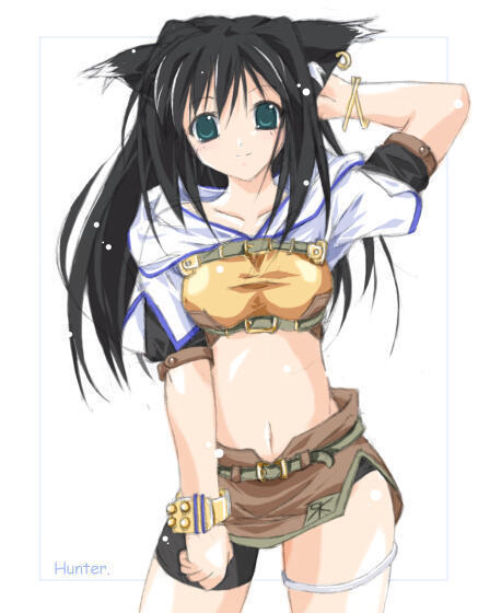 animal ears, black hair, bracelet, cat ears, earrings, green eyes, hand over head, hunter, jewelry, long hair, navel, smile, thighhighs
