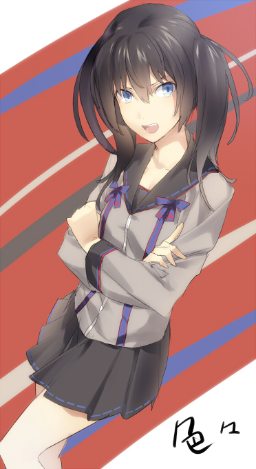 ginka sima, original, black hair, blue eyes, crossed arms, ribbon, school uniform, solo, tsundere, twintails, zipper