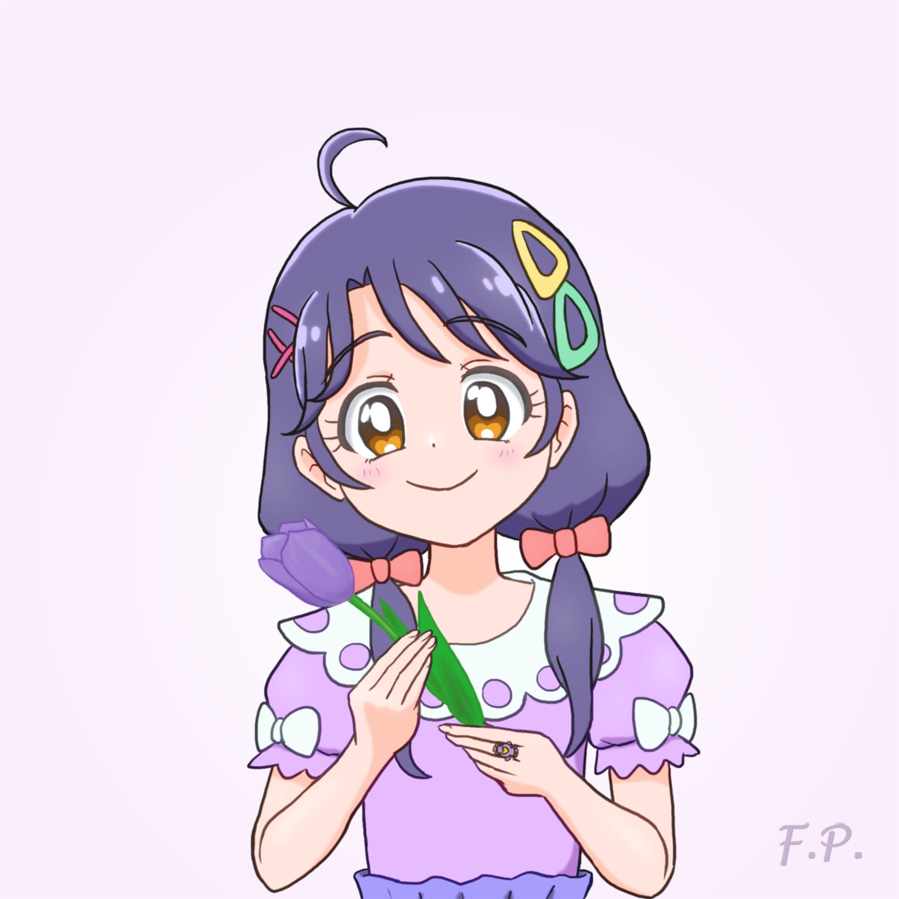 fuefukipiper, suzumura sango, precure, tropical-rouge! precure, commentary, highres, 1girl, ahoge, blouse, blush, bow, closed mouth, collared shirt, contrast collar, dot nose, fingernails, flower, hair bow, hair ornament, hairclip, hands up, holding, holding flower, jewelry, lace-trimmed collar, lace trim, looking at viewer, low twintails, medium hair, multiple hair clips, orange eyes, pink bow, puffy short sleeves, puffy sleeves, purple background, purple flower, purple hair, purple shirt, purple skirt, purple tulip, ring, shirt, short sleeves, short twintails, simple background, skirt, sleeve bow, smile, solo, straight-on, tulip, twintails, upper body, white bow, x hair ornament