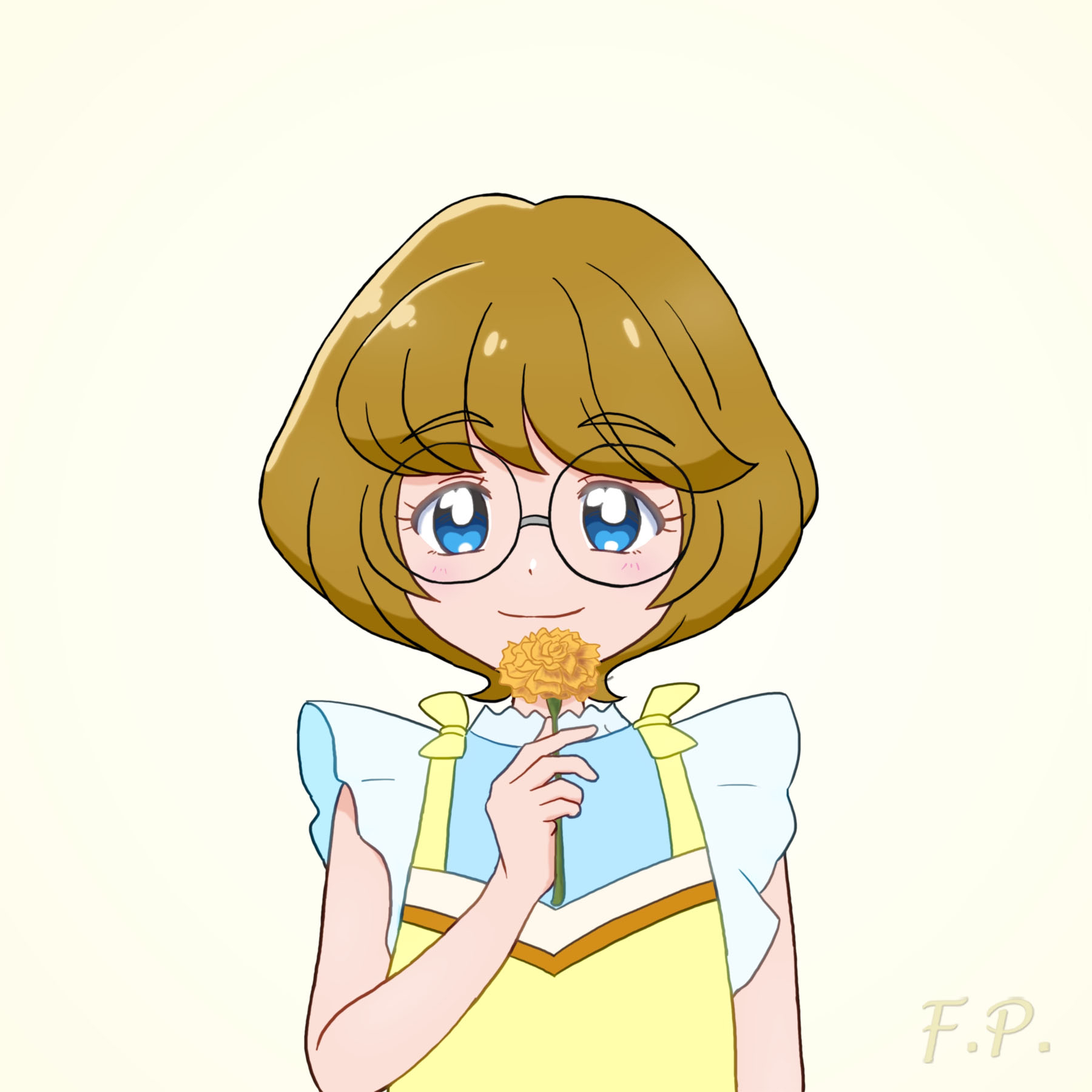fuefukipiper, ichinose minori, precure, tropical-rouge! precure, commentary, highres, 1girl, arm at side, bare arms, blue eyes, blush, bob cut, brown hair, carnation, closed mouth, dot nose, dress, flower, frilled dress, frilled sleeves, frills, glasses, hand up, holding, holding flower, looking at viewer, orange flower, round eyewear, short hair, short sleeves, simple background, smile, solo, straight-on, upper body, yellow background, yellow dress