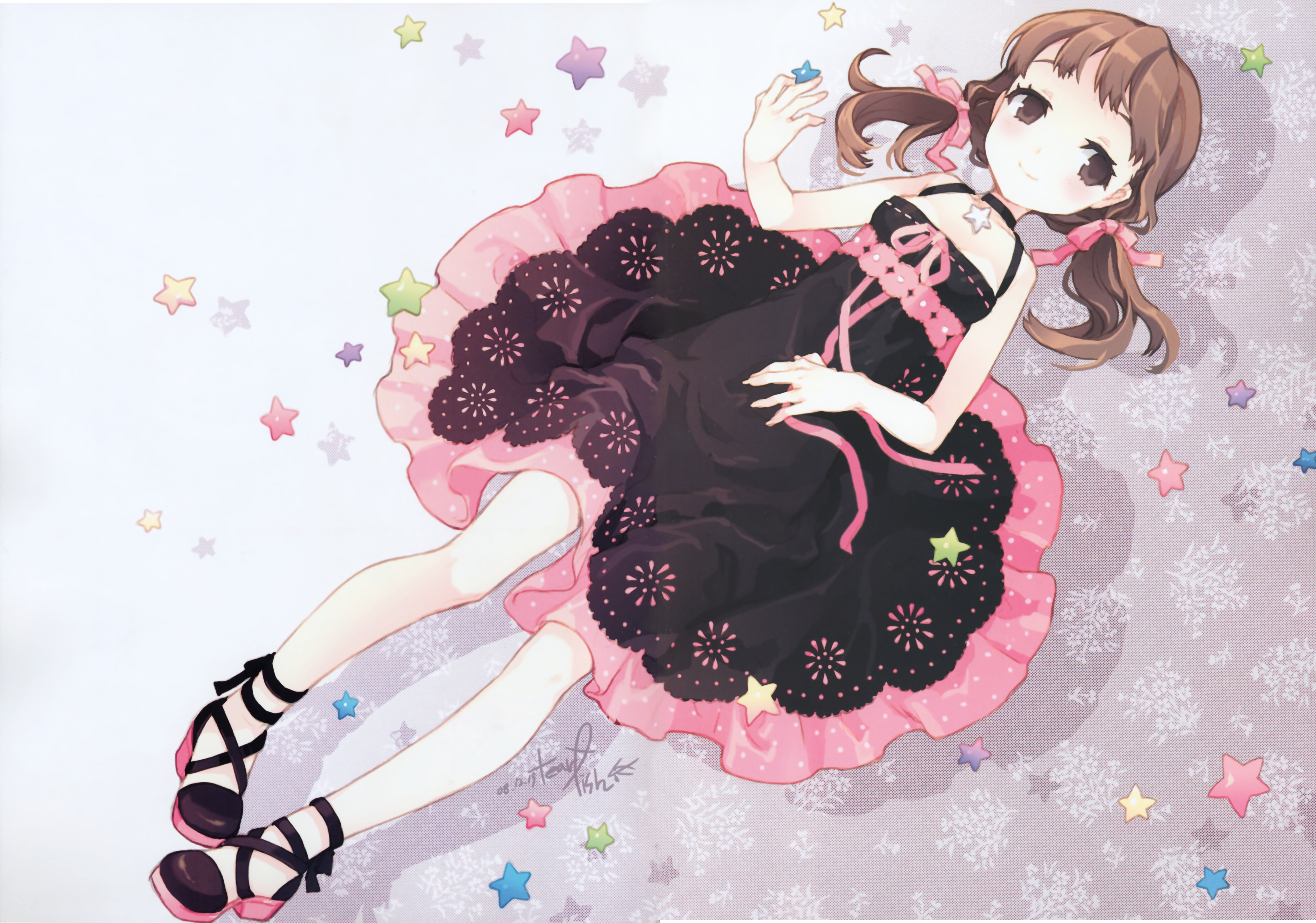 tearfish, doujima nanako, atlus, persona, persona 4, absurdres, highres, huge filesize, scan, scan artifacts, 1girl, brown eyes, brown hair, child, circle skirt, dress, female focus, hair ribbon, jewelry, lying, necklace, on back, ribbon, shoes, smile, solo, star (symbol), twintails