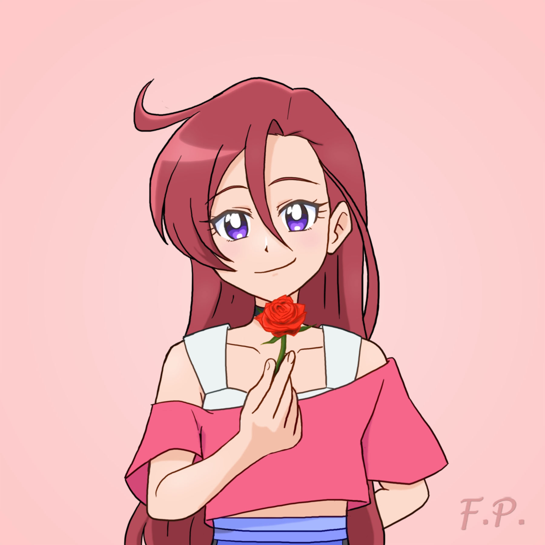 fuefukipiper, takizawa asuka, precure, tropical-rouge! precure, commentary, highres, 1girl, arm behind back, asymmetrical bangs, asymmetrical hair, bare shoulders, black choker, blue pants, blush, choker, closed mouth, collarbone, cowlick, crop top, cropped shirt, fingernails, flower, hair between eyes, hand up, holding, holding flower, long hair, long hair between eyes, looking at viewer, midriff, off-shoulder shirt, off shoulder, pants, purple eyes, red background, red flower, red hair, red rose, red shirt, rose, shirt, short sleeves, simple background, smile, solo, sports bra, straight-on, upper body, white sports bra