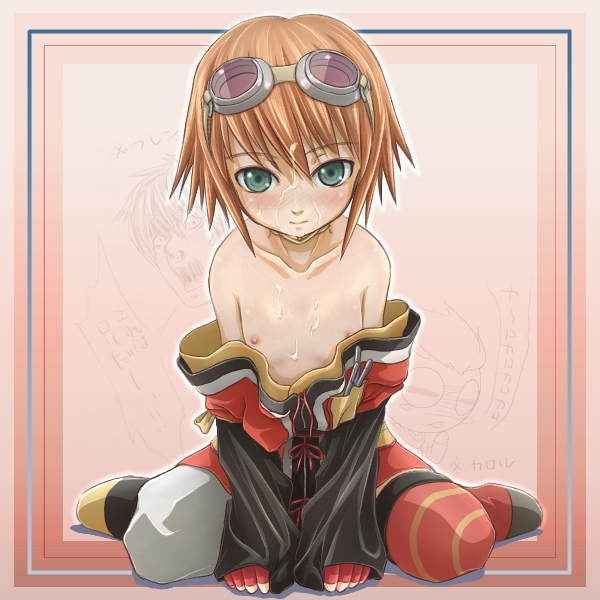 kiikii, kiikii (kitsukedokoro), kitsukedou, karol capel, raven (tales), rita mordio, tales of (series), tales of vesperia, bad id, bad pixiv id, 00s, 1girl, bare shoulders, between legs, blush, bob cut, breasts, brown hair, choker, closed mouth, clothes pull, collarbone, cum, cum on body, cum on breasts, cum on upper body, empty eyes, facial, female focus, fingerless gloves, flat chest, full body, gloves, goggles, goggles on head, green eyes, looking at viewer, nipples, nose, shirt pull, short hair, sitting, solo, spread legs, thighhighs, wariza