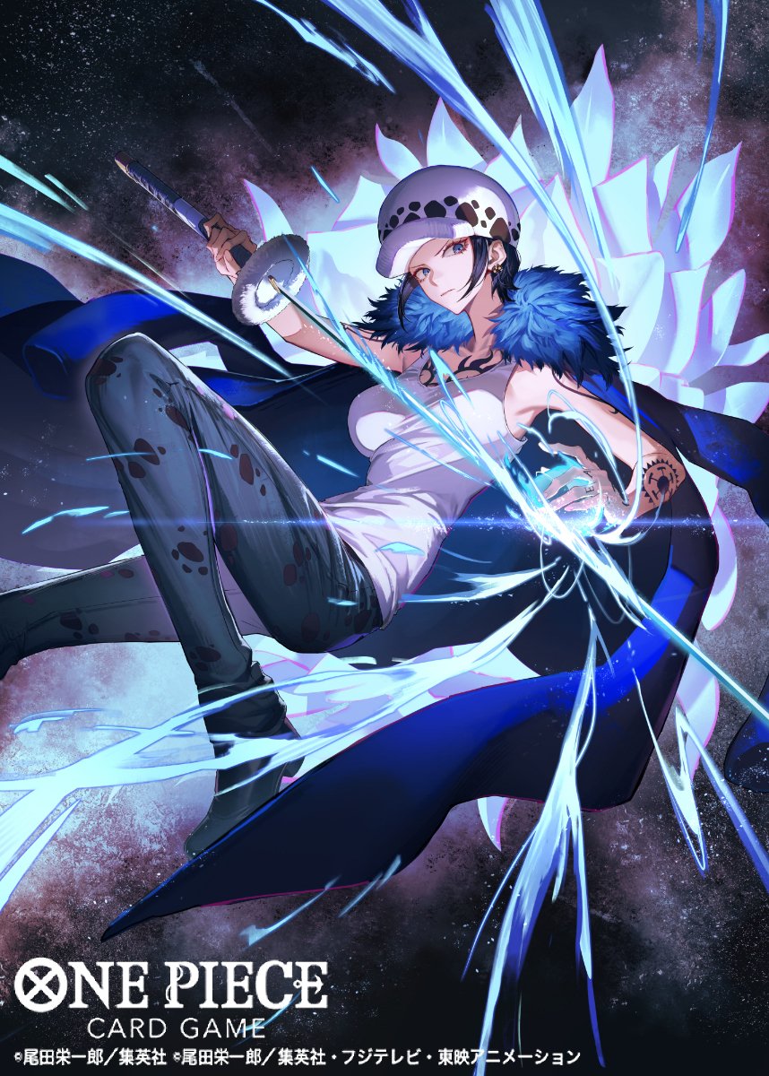 namahamu913, law-chan, trafalgar law, one piece, one piece card game, commentary request, highres, official art, 1girl, black hair, blue cape, blue eyes, cape, chest tattoo, closed mouth, copyright name, denim, earrings, feather trim, hand tattoo, hat, high heels, holding, holding sword, holding weapon, jeans, jewelry, looking at viewer, pants, short hair, sidelocks, sword, tank top, tattoo, weapon, white tank top