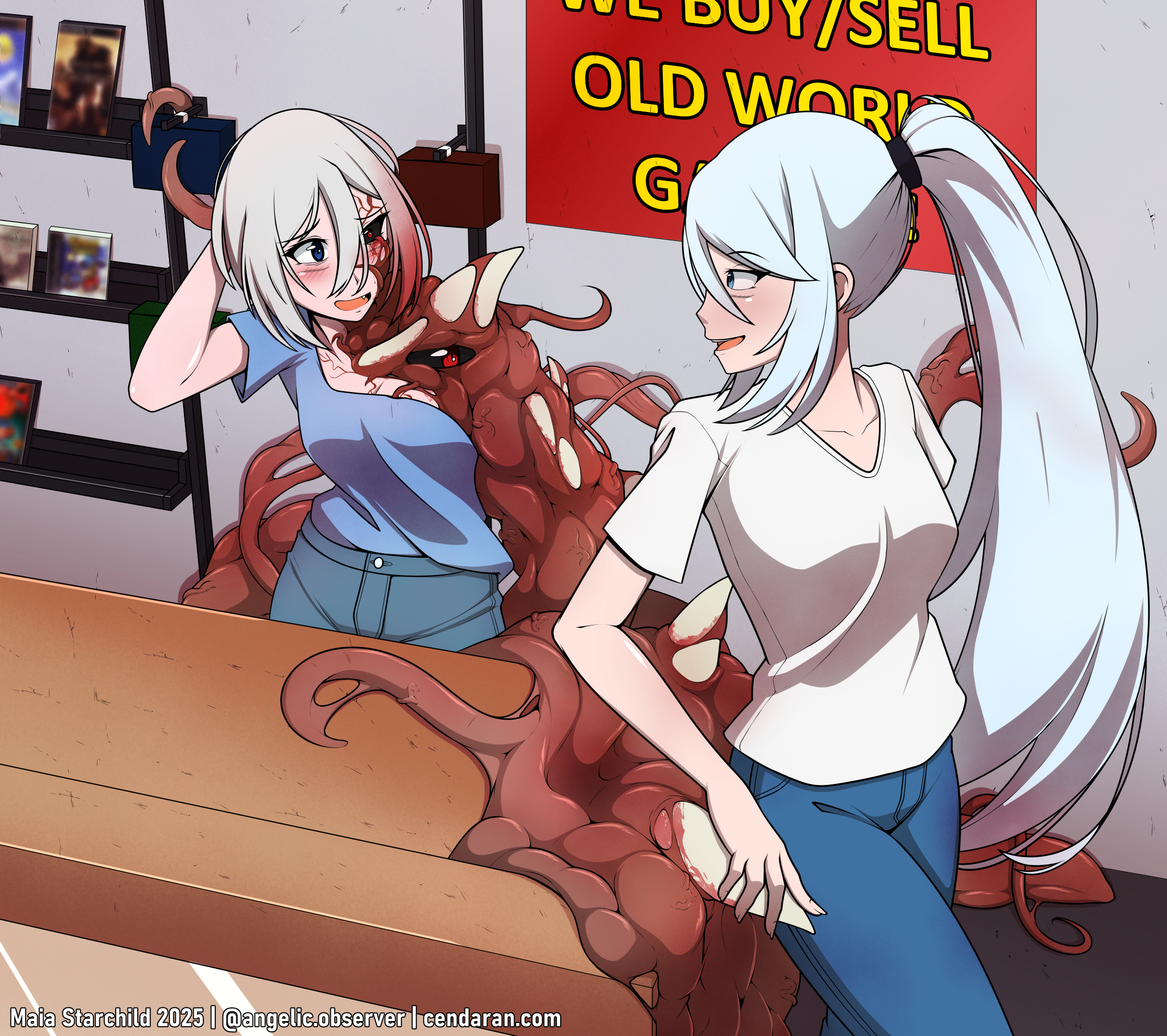 highres, self-upload, asymmetrical clothes, black sclera, blood, blue eyes, blush, cendaran, colored sclera, denim, eldritch abomination, embarrassed, exposed bone, fang, flesh, flirting, heterochromia, jeans, jen (cendaran), long hair, maia starchild, monster girl, pants, parasite, ponytail, red eyes, red hair, short hair, smile, tentacles, veins, white hair