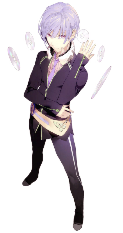 ginka sima, original, light purple hair, 1boy, arm up, cd, long sleeves, male focus, necktie, pants, pink eyes, short hair, simple background, sleeves past wrists, solo, striped clothes, striped pants, white background