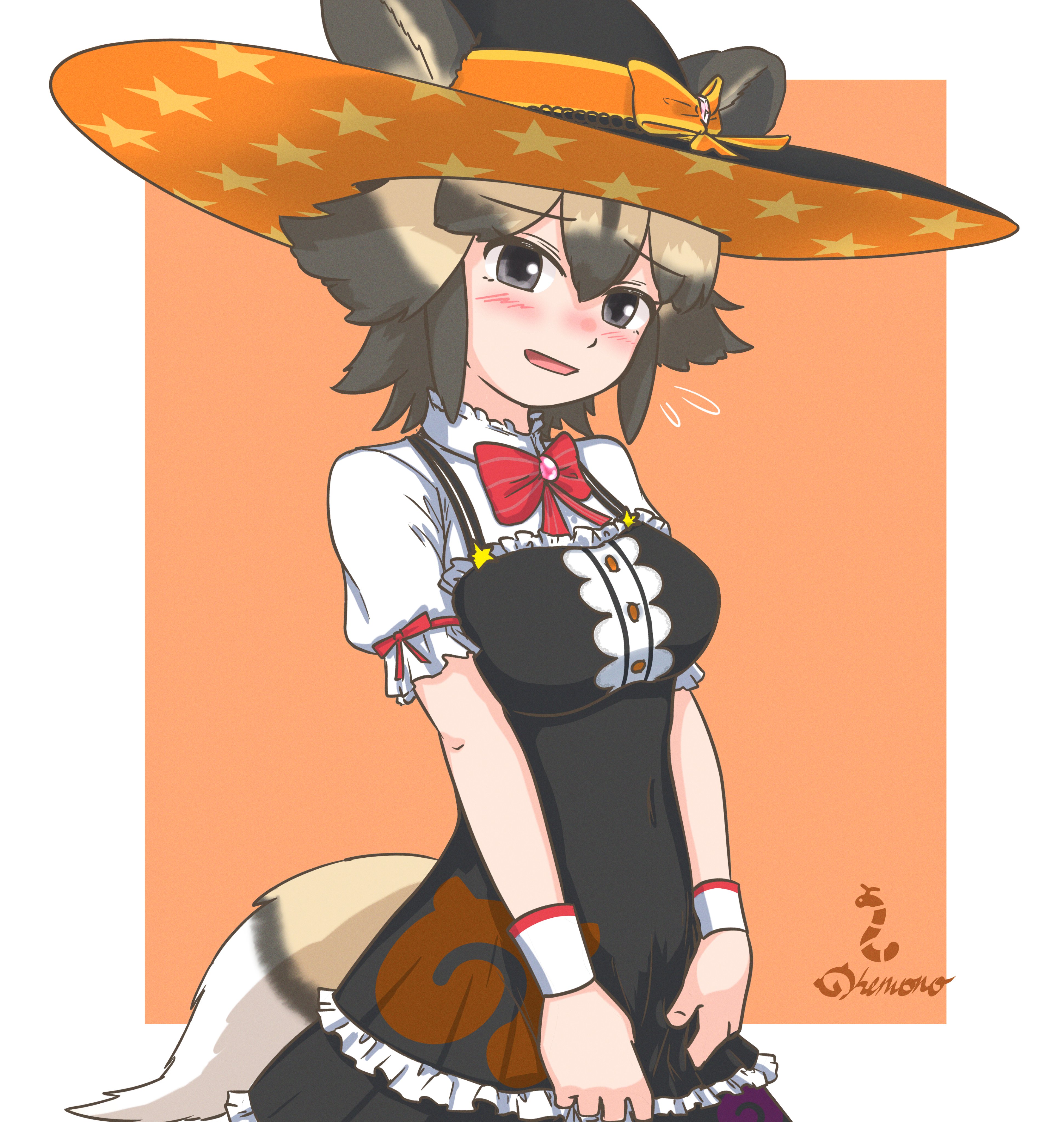 nokemono-san (bocchi friend), african wild dog (kemono friends), kemono friends, kemono friends 3, absurdres, highres, 1girl, alternate costume, animal ears, black dress, black hat, blush, bow, bowtie, center frills, collar, cowboy shot, dog ears, dog girl, dog tail, dress, ears through headwear, embarrassed, flying sweatdrops, frilled collar, frilled dress, frilled sleeves, frills, grey eyes, halloween, halloween costume, hat, hat bow, japari symbol, orange bow, puffy short sleeves, puffy sleeves, red bow, red bowtie, shirt, short sleeves, solo, tail, white shirt, witch hat, wrist cuffs