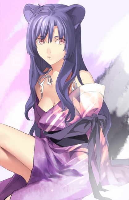 ginka sima, original, animal ears, japanese clothes, kimono, long hair, pink eyes, purple hair, ribbon, robe, solo