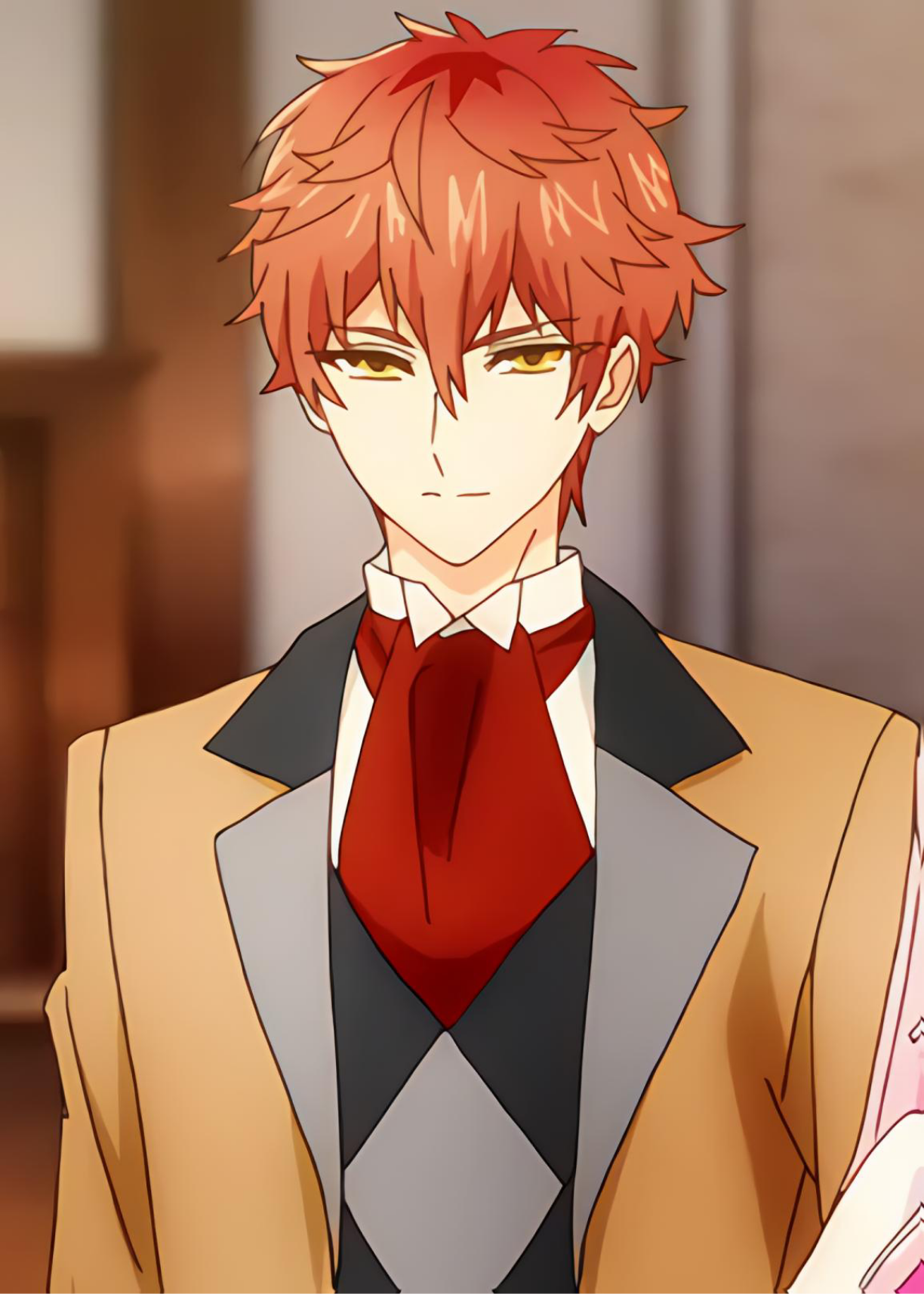 1boy, angry, dandelion ginoford, formal clothes, looking at viewer, red hair, serious, short hair, suit, tensei akujo no kuro rekishi, upper body, yellow eyes