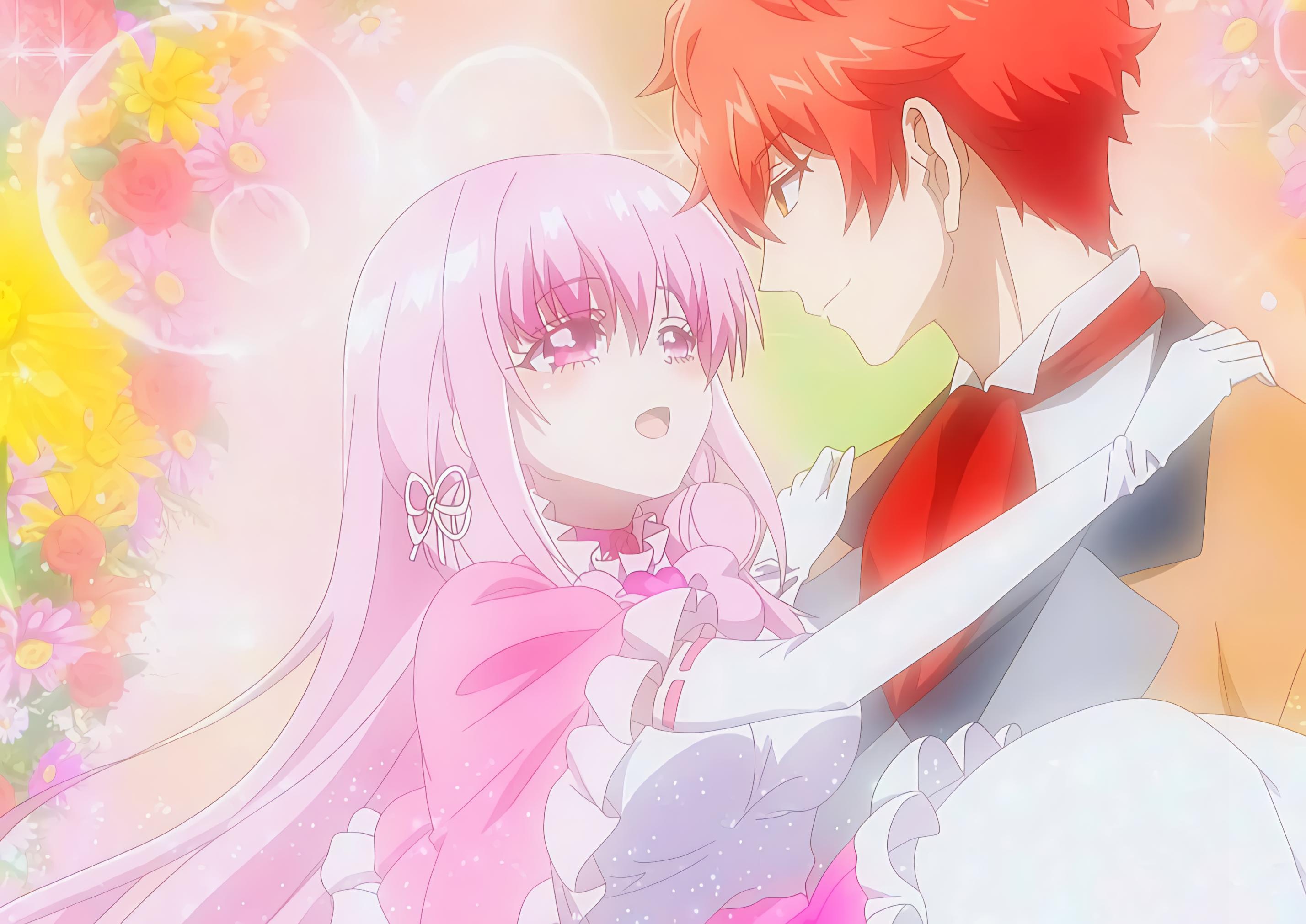 blush, dancing, dandelion ginoford, dress, female focus, formal clothes, long hair, magnolia konoha, open mouth, pink hair, red hair, smile, suit, tensei akujo no kuro rekishi, upper body, white dress