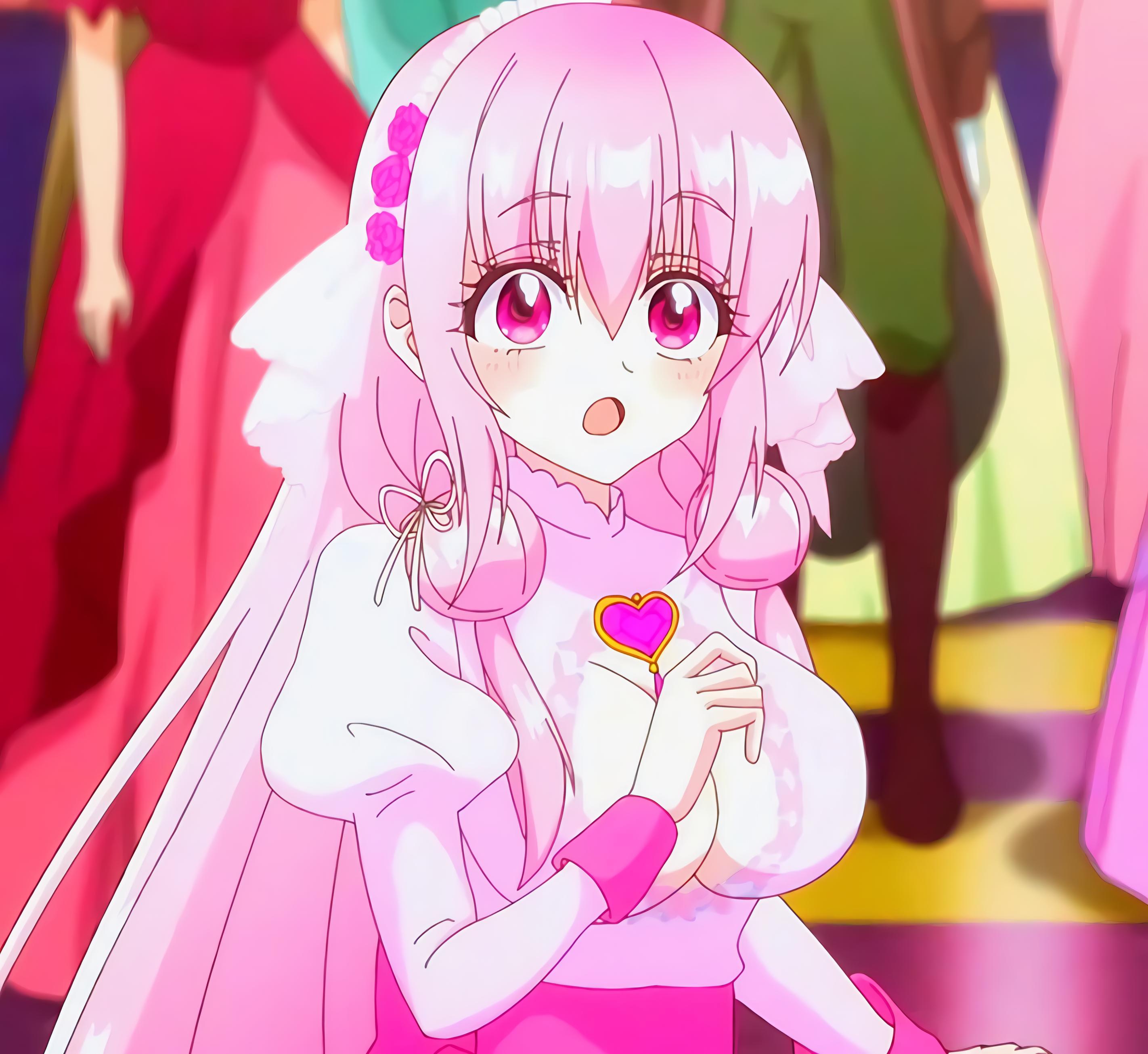 blush, dress, female focus, hair ornament, long hair, looking at viewer, magnolia konoha, open mouth, pink dress, pink hair, tensei akujo no kuro rekishi, upper body
