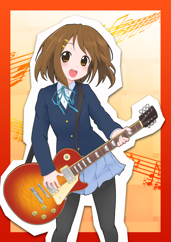 pokopen, hirasawa yui, k-on!, 00s, 1girl, brown eyes, brown hair, female focus, gibson les paul, guitar, hair ornament, hairclip, instrument, open mouth, pantyhose, school uniform, short hair, solo