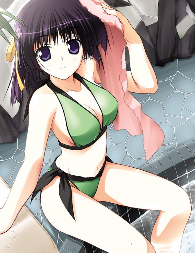bikini, bra, breasts, cleavage, hair ribbon, lingerie, navel, pool, purple eyes, purple hair, ribbon, short hair, sitting, smile, swimsuit, thighhighs, towel, underwear