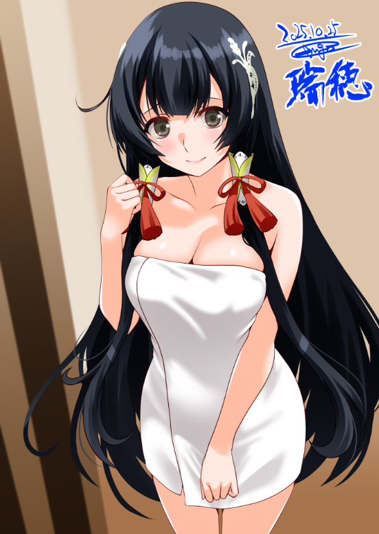 engo (aquawatery), mizuho (kancolle), kantai collection, 1girl, apron, bare shoulders, black hair, breasts, character name, cleavage, collarbone, cowboy shot, dated, grey eyes, hair tubes, long hair, medium breasts, naked apron, sidelocks, signature, smile, solo