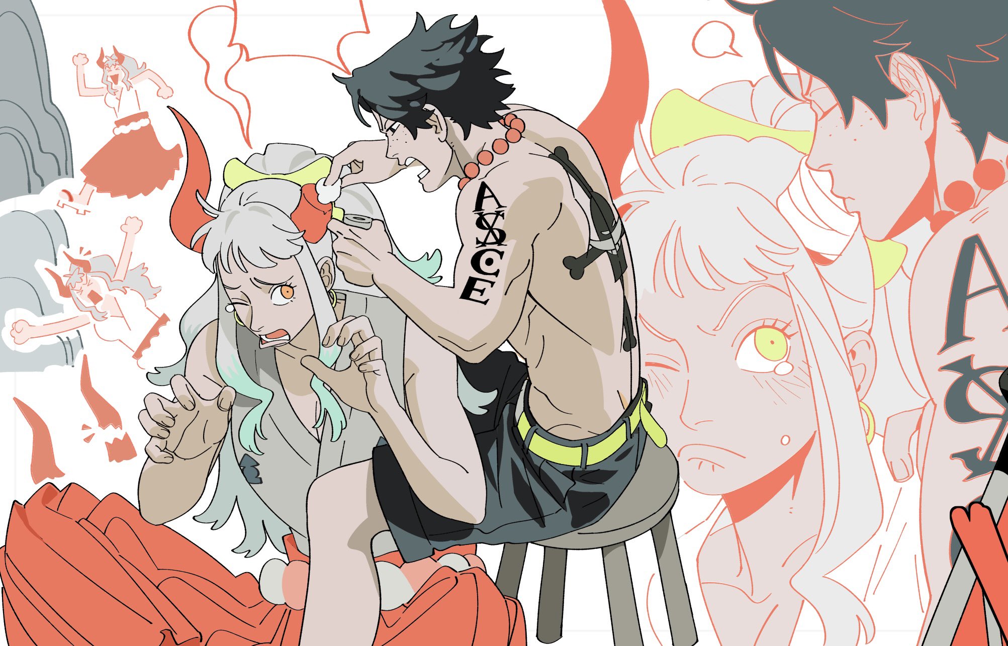 nyan 2020, portgas d. ace, yamato (one piece), one piece, highres, > <, 1boy, 1girl, aqua eyes, arm tattoo, arms up, back tattoo, bandages, bare arms, bare shoulders, bead necklace, beads, belt, black hair, black shorts, blank speech bubble, blush, bone, breasts, broken horn, chibi, closed eyes, collarbone, cotton ball, earrings, english text, frown, furrowed brow, green belt, hair ornament, hakama, half-closed eyes, hand on another's shoulder, holding, hoop earrings, horns, japanese clothes, jewelry, kissing horn, long hair, long sleeves, looking at another, necklace, on stool, one eye closed, oni, open mouth, orange pupils, outstretched arms, ponytail, red horns, rope, running, sandals, shimenawa, short hair, shorts, shouting, sidelocks, sitting, skull, speech bubble, stool, tattoo, tearing up, topless male, white background, white hair, wiping