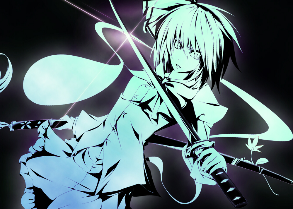 kanaria (fuusenkazura), konpaku youmu, konpaku youmu (ghost), touhou, bad id, bad pixiv id, 1girl, dutch angle, female focus, floating, ghost, glint, hitodama, long sleeves, looking at viewer, monochrome, short hair, solo, sword, vest, weapon