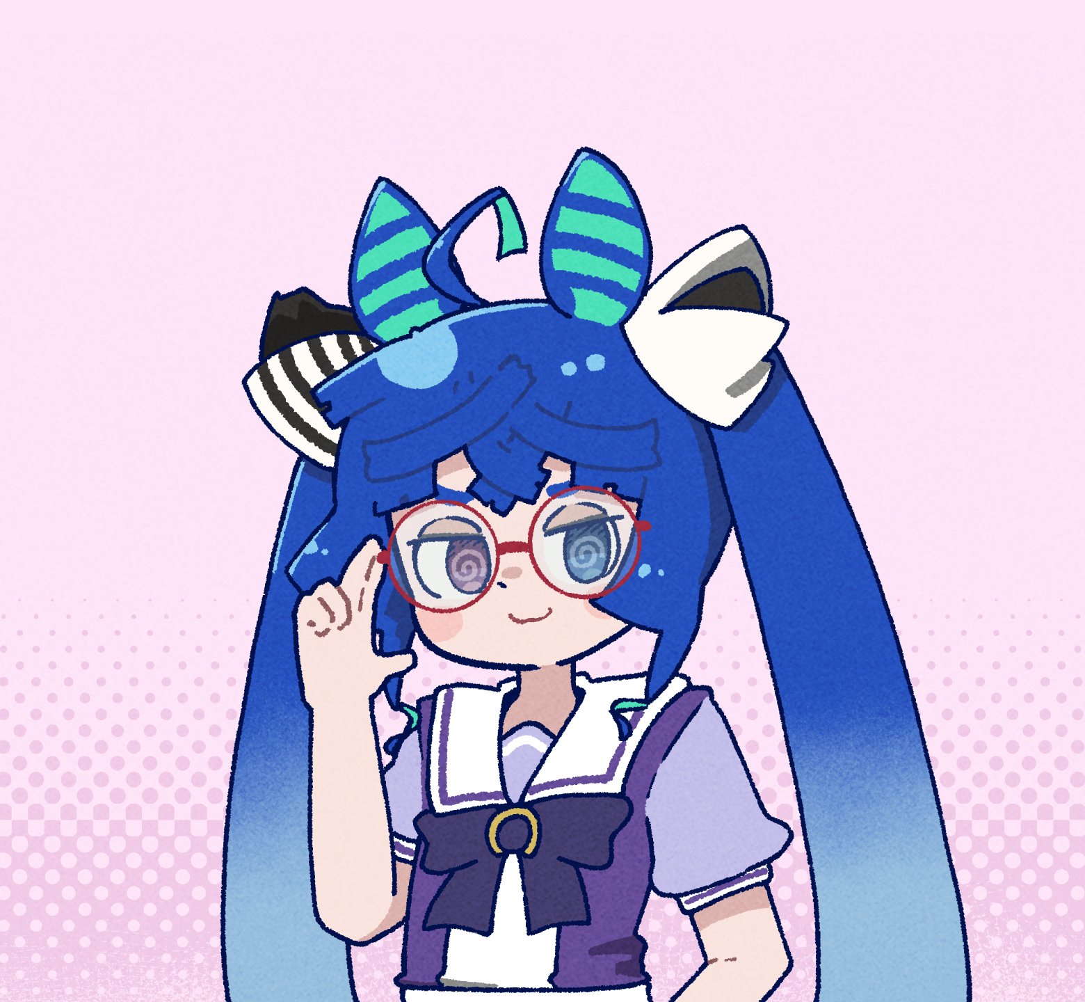 sorairo meronpan, twin turbo (umamusume), umamusume, highres, 1girl, @ @, adjusting eyewear, ahoge, animal ears, bespectacled, blue eyes, blue hair, blush, closed mouth, glasses, gradient hair, horse ears, horse girl, long hair, looking at viewer, multicolored hair, pink eyes, red-framed eyewear, round eyewear, school uniform, short sleeves, smile, solo, tracen school uniform, twintails, upper body