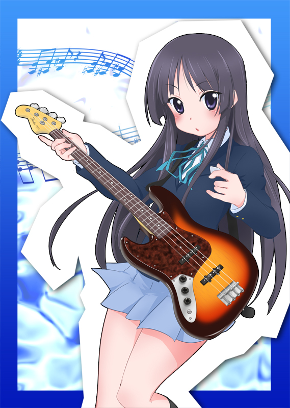 pokopen, akiyama mio, k-on!, 00s, 1girl, bass guitar, black eyes, black hair, blunt bangs, female focus, guitar, hime cut, instrument, long hair, school uniform, solo