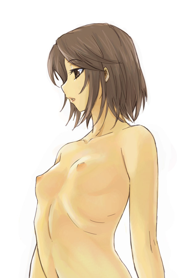 michael f91, original, 1girl, arms at sides, brown eyes, brown hair, eyelashes, female focus, flat chest, nipples, short hair, simple background, solo, topless female, white background