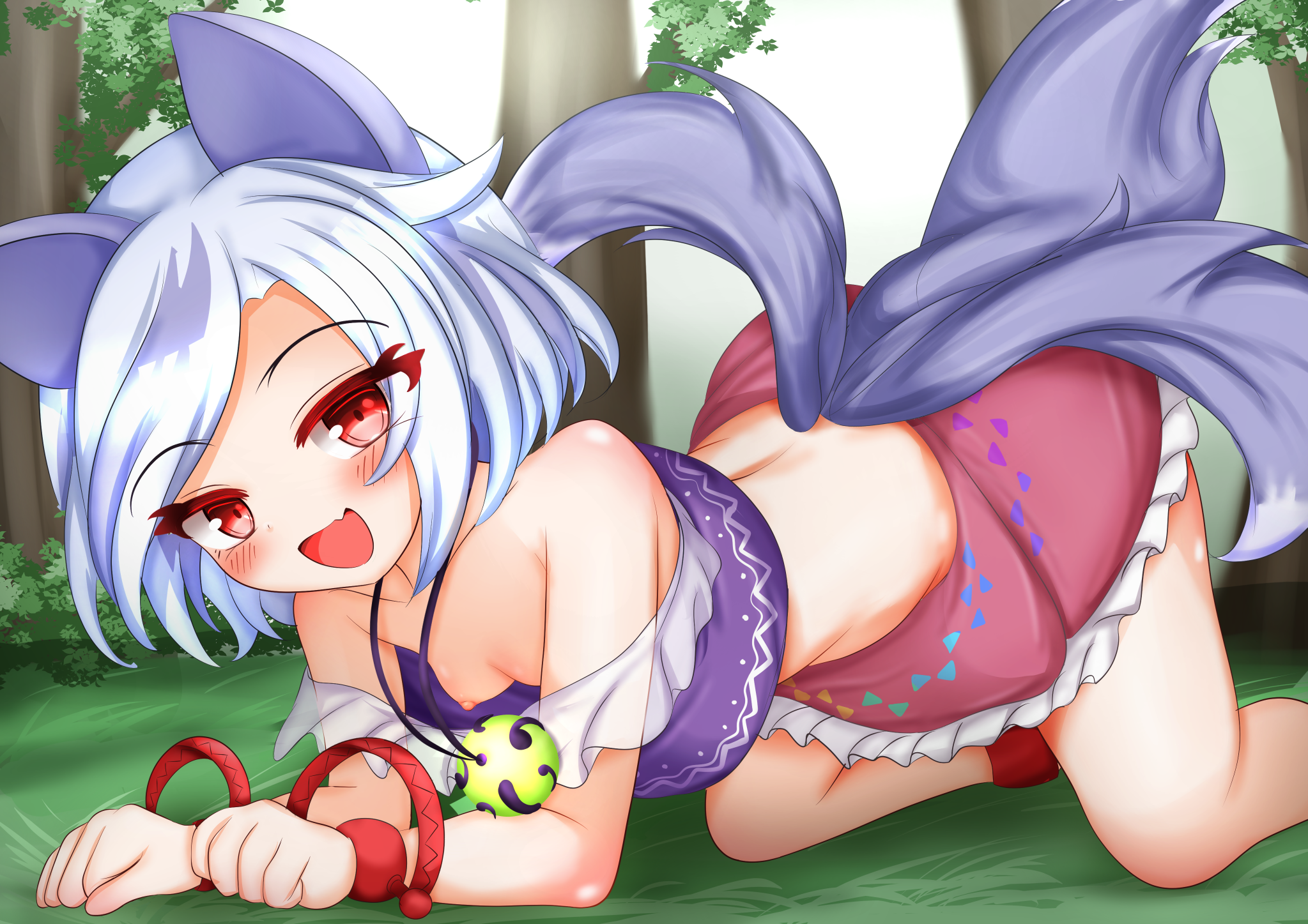 kasoka soka, mitsugashira enoko, touhou, commentary, highres, 1girl, all fours, animal ears, anklet, bear trap, breasts, cleavage, clenched hands, crop top, downblouse, fang, feet out of frame, grass, jewelry, looking at viewer, midriff, multiple tails, necklace, nipple slip, nipples, off-shoulder shirt, off shoulder, open mouth, outdoors, paw pose, pink skirt, pleated skirt, purple shirt, red eyes, red wrist cuffs, shirt, short hair, skin fang, skirt, sky, sleeveless, sleeveless shirt, smile, solo, swept bangs, tail, tree, white hair, white sky, wolf ears, wolf girl, wolf tail, wrist cuffs