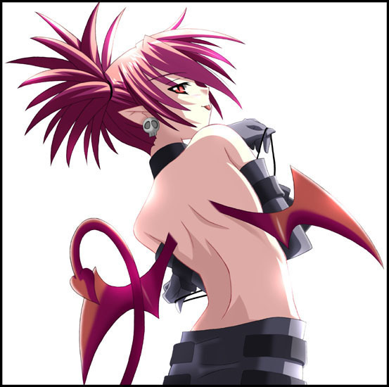 disgaea, makai senki disgaea, makai senki disgaea 2, makai senki disgaea 3, etna, bare back, choker, demon tail, demon wings, earrings, jewelry, pointy ears, purple hair, red eyes, tail, tongue, wings