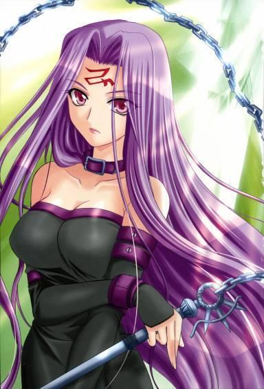 medusa (fate), medusa (rider) (fate), fate/stay night, fate (series), 00s, bare shoulders, belt, breasts, chain, cleavage, collar, detached sleeves, dress, long hair, pink eyes, purple hair, red eyes, square pupils, staff, strapless, strapless dress, tattoo, very long hair, weapon
