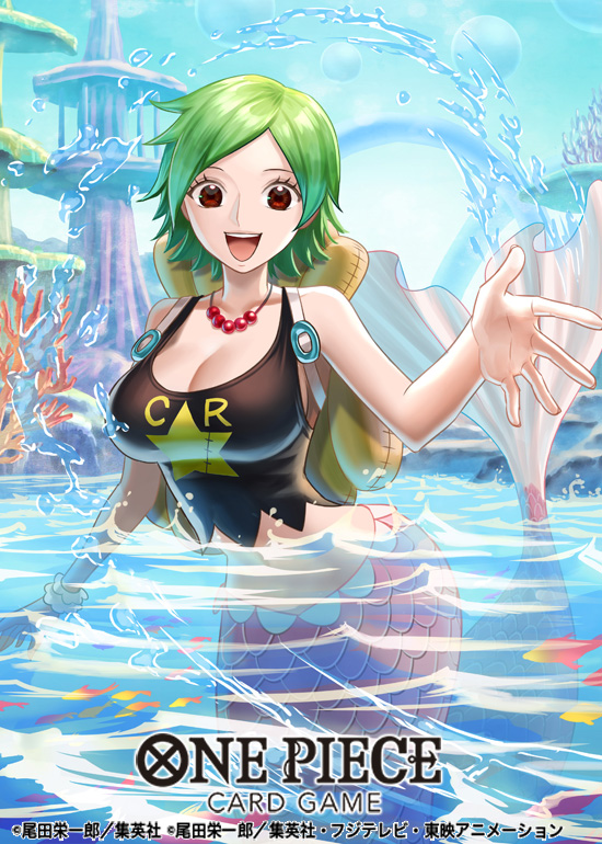 haru (toyst), camie (one piece), one piece, one piece card game, commentary request, official art, 1girl, backpack, bag, bracelet, breasts, copyright name, crop top, eyelashes, green hair, jewelry, large breasts, looking at viewer, mermaid, monster girl, necklace, open mouth, partially submerged, pearl necklace, red eyes, short hair, smile, solo, teeth, upper teeth only