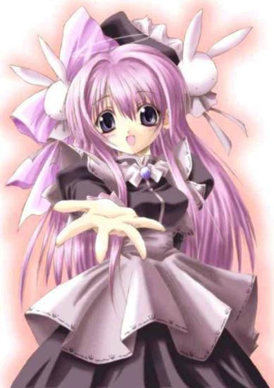 blush, frills, lace, long hair, open mouth, purple eyes, purple hair, rabbit