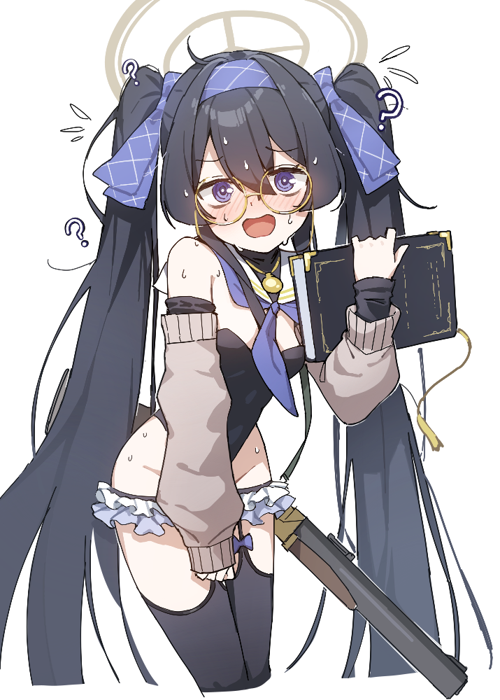 choonbongwoori, shimiko (blue archive), shimiko (magical) (blue archive), ui (blue archive), blue archive, 1girl, alternate costume, alternate hairstyle, black hair, black leotard, black thighhighs, blue neckerchief, book, cosplay, de lisle carbine, detached collar, frilled thigh strap, glasses, gold necklace, grey halo, gun, hair between eyes, hair ribbon, hairband, halo, highleg, highleg leotard, holding, holding book, holding gun, holding weapon, jewelry, leotard, long hair, looking at viewer, neckerchief, necklace, purple eyes, purple hairband, purple ribbon, ribbon, round eyewear, sailor collar, shimiko (blue archive) (cosplay), sidelocks, solo, strapless, strapless leotard, thigh strap, thighhighs, twintails, very long hair, weapon, white sailor collar, yellow-framed eyewear
