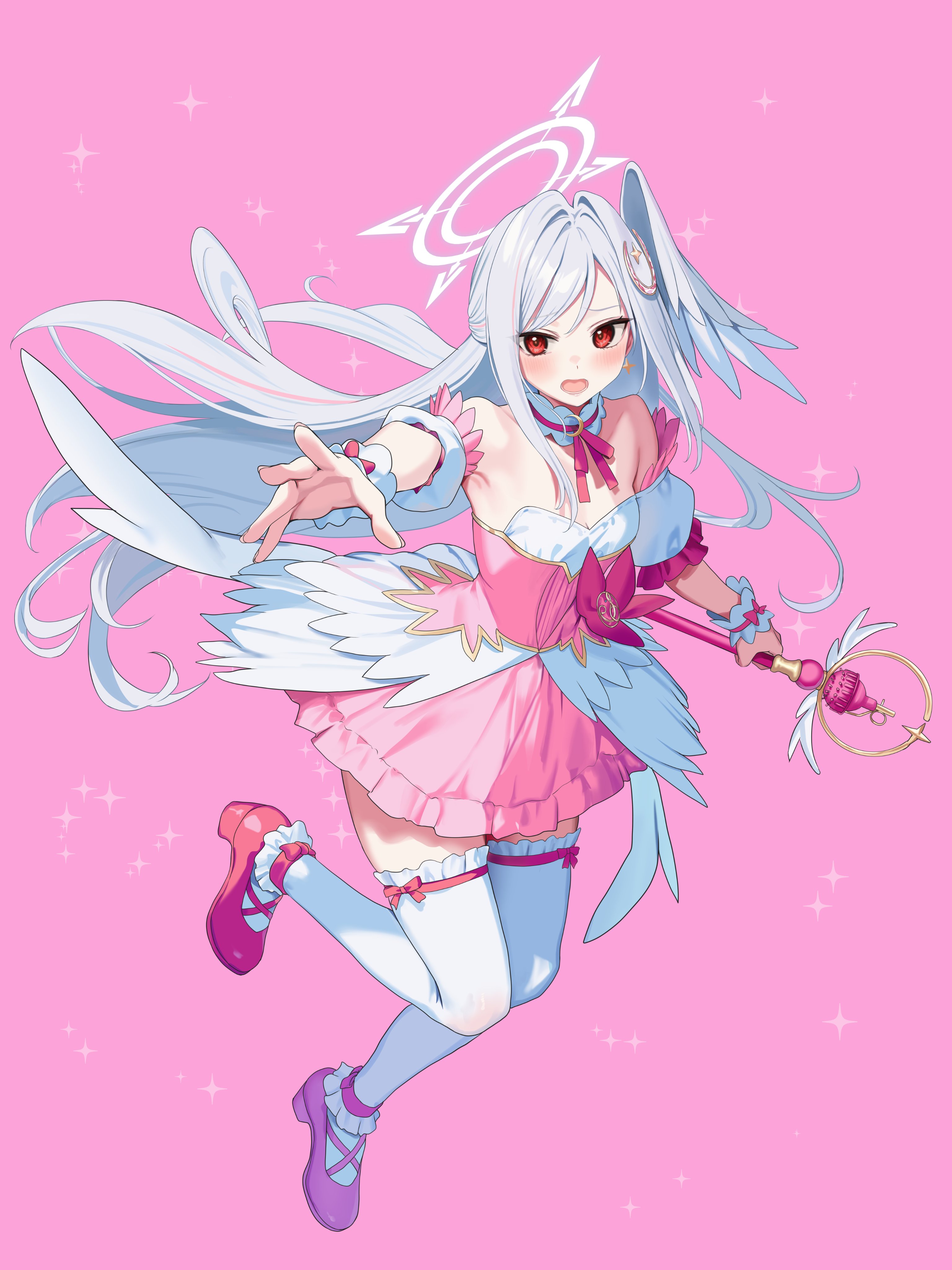 hidis0086, suzumi (blue archive), suzumi (magical) (blue archive), blue archive, absurdres, highres, 1girl, breasts, cleavage, detached sleeves, dress, full body, halo, head wings, holding, holding staff, mage staff, magical girl, multicolored dress, official alternate costume, open mouth, pink background, pink dress, pink shoes, red eyes, shoes, single head wing, solo, staff, thighhighs, white dress, white hair, white halo, white thighhighs, wings