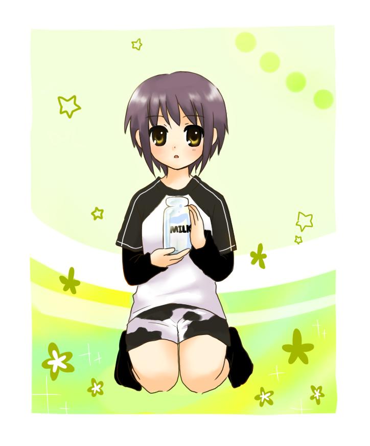 mochizuki yomogi, nagato yuki, suzumiya haruhi no yuuutsu, 00s, 1girl, animal print, bottle, cow print, female focus, milk, purple hair, raglan sleeves, short hair, shorts, solo, yellow eyes