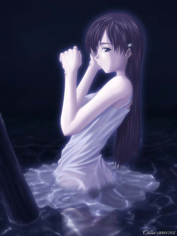 claret (beniya), character request, jpeg artifacts, source request, 1990s (style), 1998, 1girl, bare shoulders, black eyes, black hair, dark, dress, female focus, hair ornament, hairclip, long hair, no panties, profile, retro artstyle, see-through clothes, solo, sundress, water, wet, wet clothes