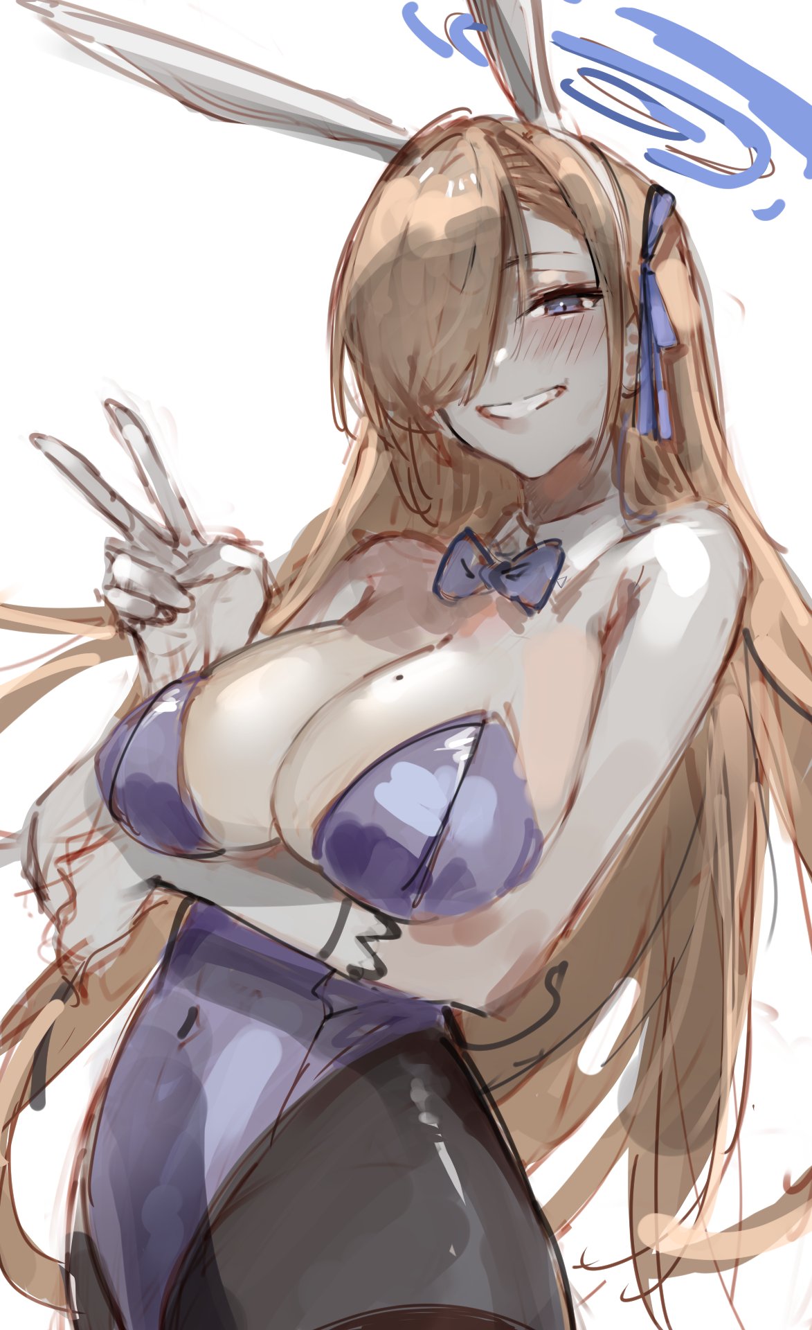 dokuro deluxe, asuna (blue archive), asuna (bunny) (blue archive), blue archive, commentary, english commentary, highres, 1girl, animal ears, arm under breasts, black pantyhose, blue bow, blue bowtie, blue eyes, blue halo, blue leotard, blue ribbon, blush, bow, bowtie, breasts, covered navel, detached collar, fake animal ears, gloves, green eyes, hair over one eye, hair ribbon, halo, large breasts, leotard, long hair, looking at viewer, mole, mole on breast, official alternate costume, one eye covered, pantyhose, playboy bunny, rabbit ears, ribbon, simple background, sketch, solo, standing, teeth, very long hair, white background, white gloves