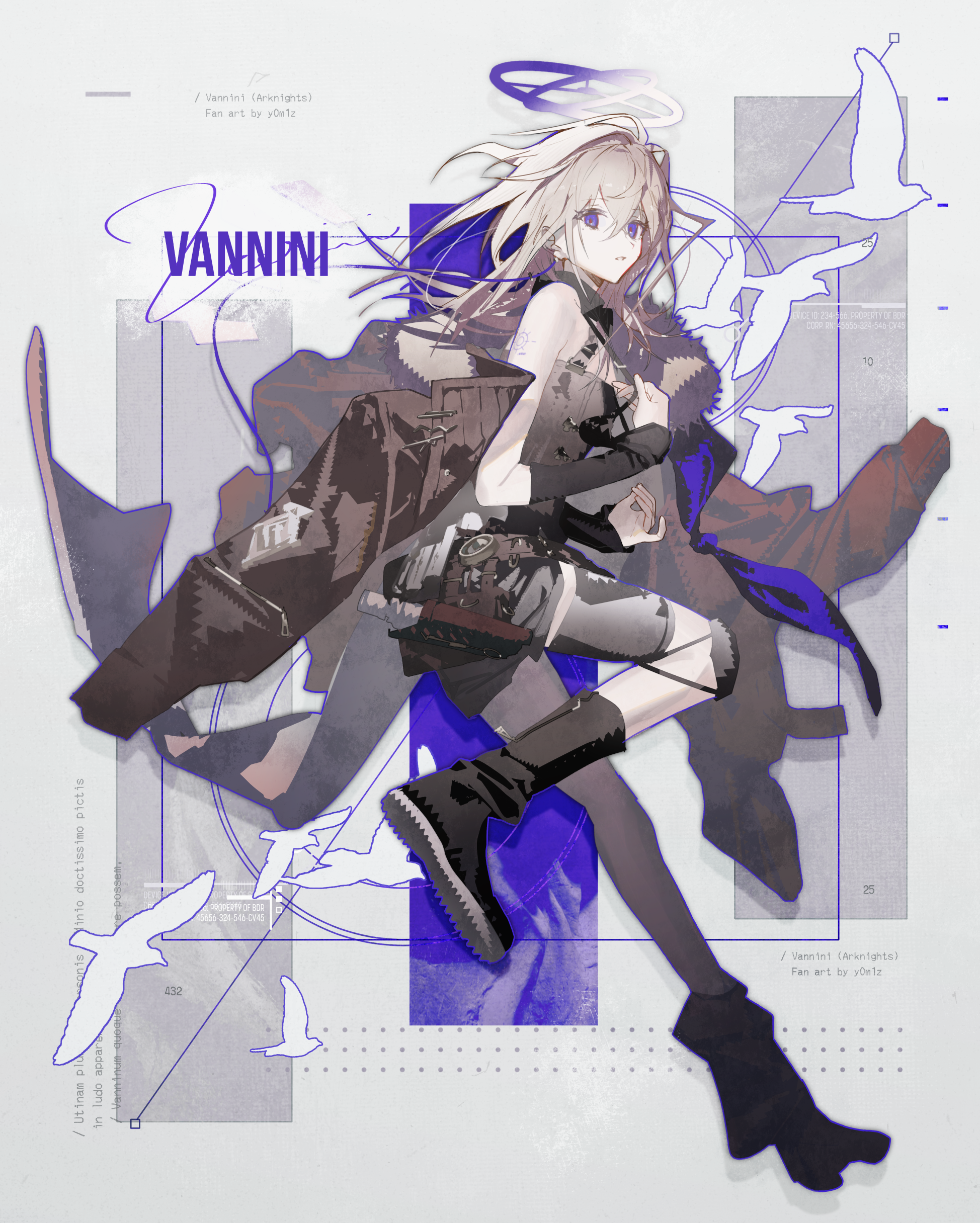 yomizu, vannini (arknights), arknights, absurdres, check commentary, commentary request, highres, translation request, 1girl, :o, artist name, black boots, black collar, black shirt, black shorts, black sleeves, blue eyes, blue halo, boots, character name, collar, cuisses, detached collar, detached sleeves, double halo, english text, from side, full body, fur-trimmed jacket, fur trim, grey jacket, hair between eyes, halo, hands up, jacket, jacket partially removed, knee pads, latin text, leg up, long hair, looking at viewer, off shoulder, open clothes, open jacket, parted lips, shirt, short shorts, shorts, sidelocks, single bare shoulder, single knee pad, sleeveless, sleeveless shirt, sleeves past wrists, solo, standing, standing on one leg, tool belt, white hair