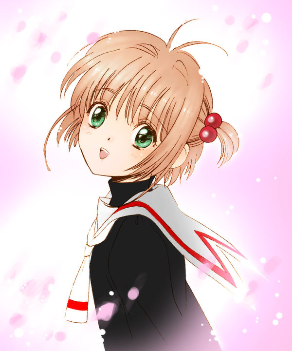 yukimitsuki, kinomoto sakura, cardcaptor sakura, light brown hair, 1990s (style), 1girl, brown hair, child, female focus, green eyes, hair bobbles, hair ornament, looking at viewer, petals, retro artstyle, school uniform, serafuku, short hair, smile, solo, tomoeda middle school uniform
