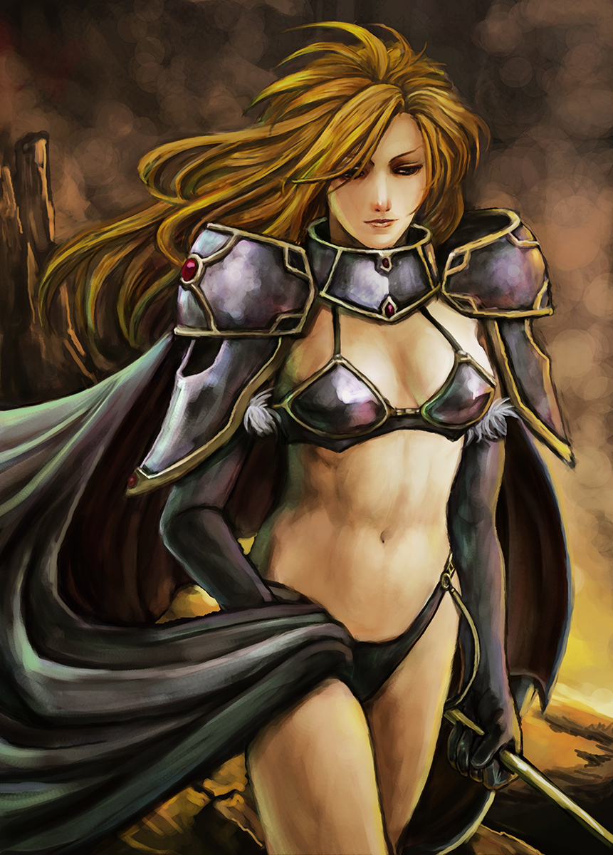 hamoto, dela, dela delon, brandish, brandish (video game), bad id, bad pixiv id, highres, 1girl, armor, bikini armor, blonde hair, breasts, brown eyes, cape, elbow gloves, female focus, gloves, lips, long hair, midriff, navel, polearm, solo, staff, weapon