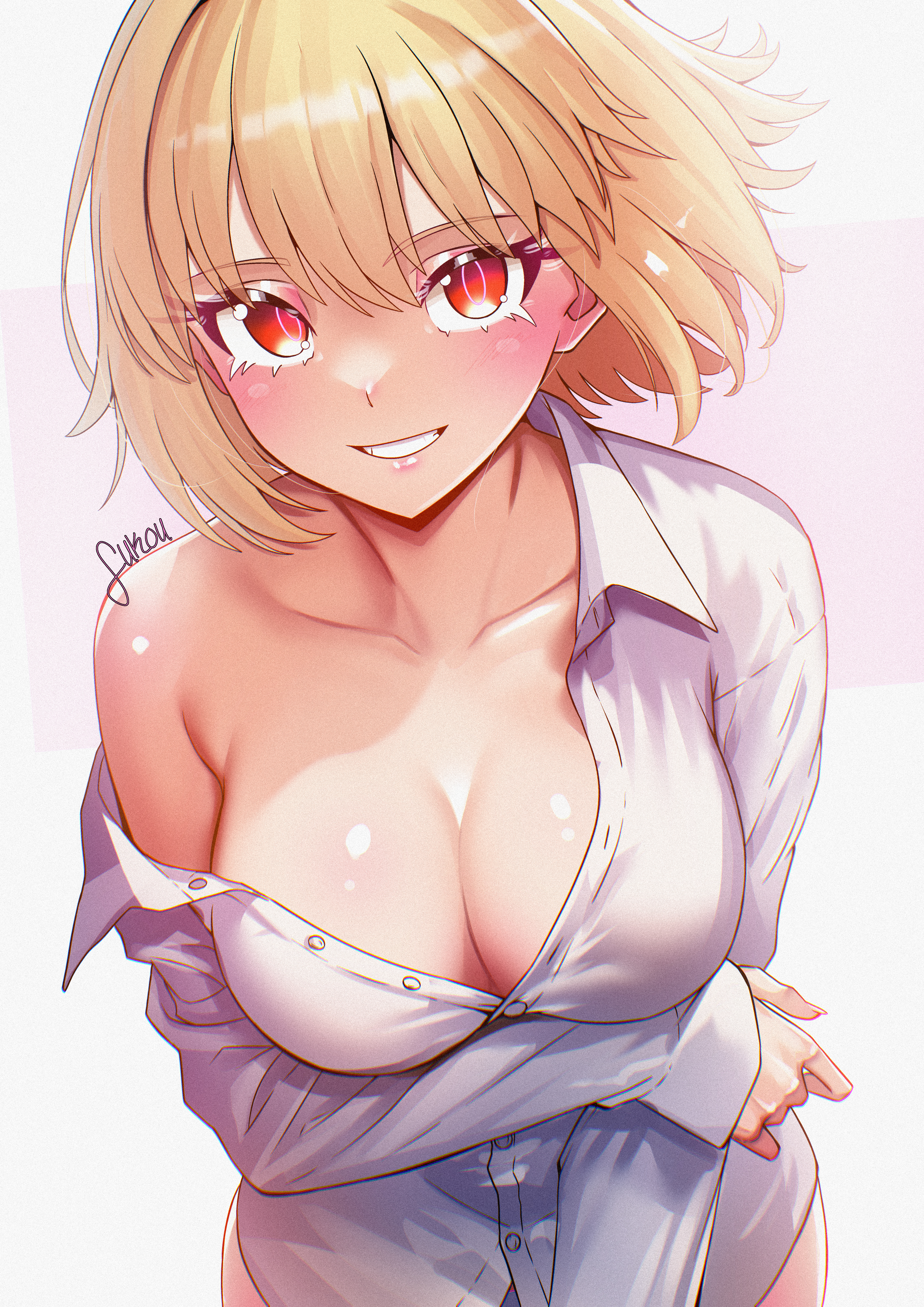 fukou, arcueid brunestud, tsukihime, absurdres, commentary, english commentary, highres, 1girl, blonde hair, blush, breasts, cleavage, collarbone, large breasts, looking at viewer, no pants, panties, red eyes, shirt, short hair, simple background, smile, solo, underwear, white background, white panties, white shirt