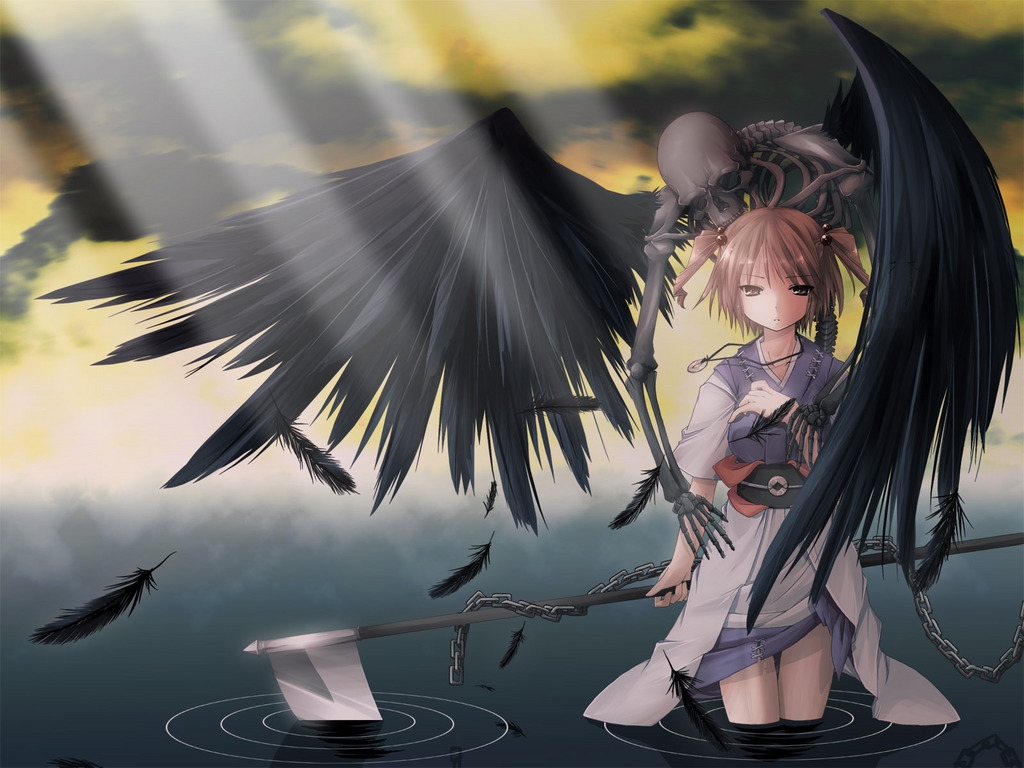 yuuki eishi, onozuka komachi, touhou, 1girl, angel, brown hair, chain, feathers, female focus, jewelry, necklace, scythe, short hair, skeleton, wings