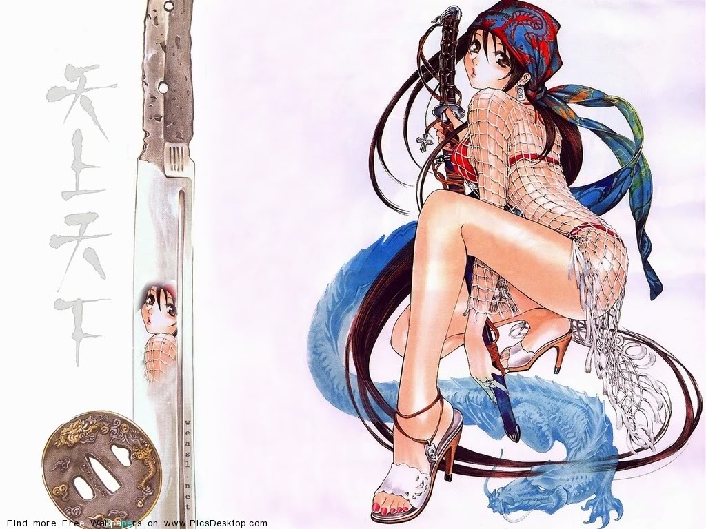 bandana, blush, brown eyes, brown hair, dragon, feet, fishnets, gun, high heels, long hair, nail polish, sword, thighhighs, weapon