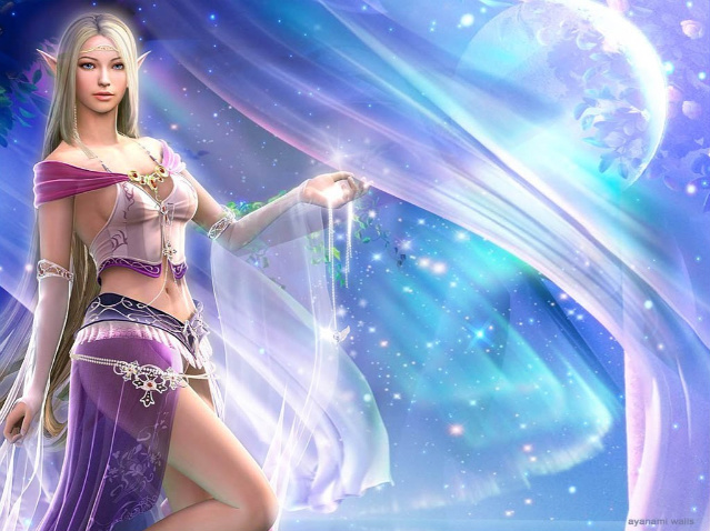 bad tag, game cg, tagme, 1girl, blonde hair, breasts, cleavage, elf, female focus, long hair, navel, pointy ears, solo, thighhighs