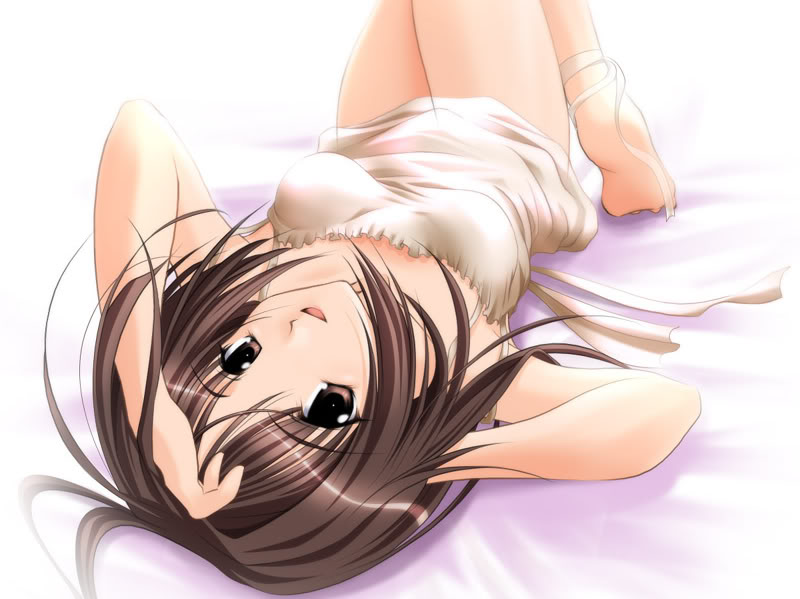 brown eyes, brown hair, feet, hand over head, lingerie, lying, nightgown, short hair, smile, soles, thighhighs, underwear