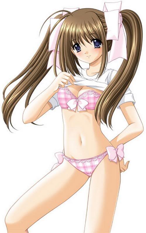blue eyes, blush, bra, breasts, brown hair, cleavage, hair ribbon, hand on own hip, hip focus, lingerie, long hair, navel, ribbon, thighhighs, underwear