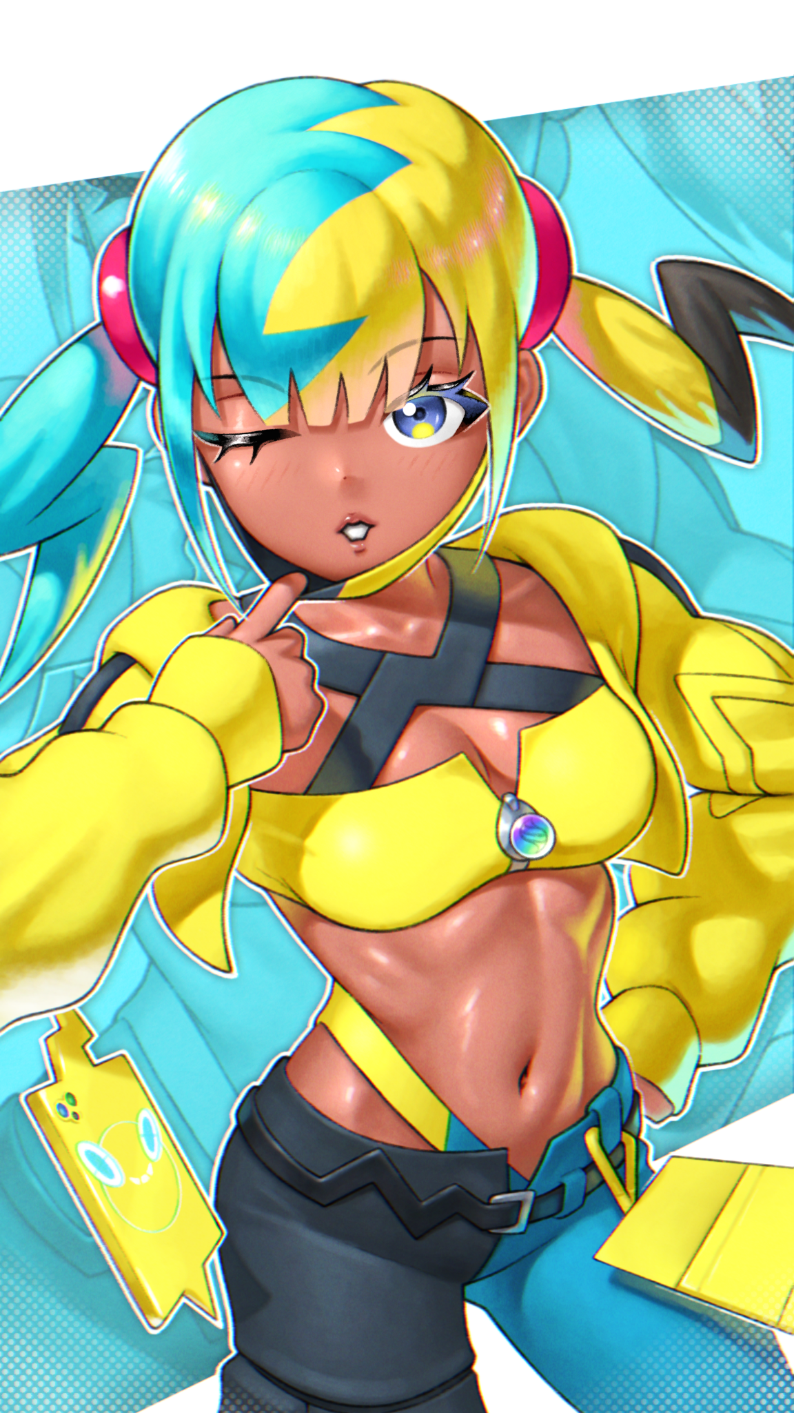 skylock, canari (pokemon), rotom, rotom phone, nintendo, pokemon, pokemon legends: z-a, commentary, highres, 1girl, bandeau, belt, black belt, blue eyes, blunt bangs, breasts, cleavage, collarbone, cowboy shot, cropped jacket, eyelashes, gen 4 pokemon, hand on own hip, hand up, jacket, long sleeves, mask, mask pull, mouth mask, multicolored hair, navel, one eye closed, open clothes, open jacket, pants, short twintails, sleeves past wrists, teeth, twintails, yellow bandeau, yellow jacket, zipper pull tab