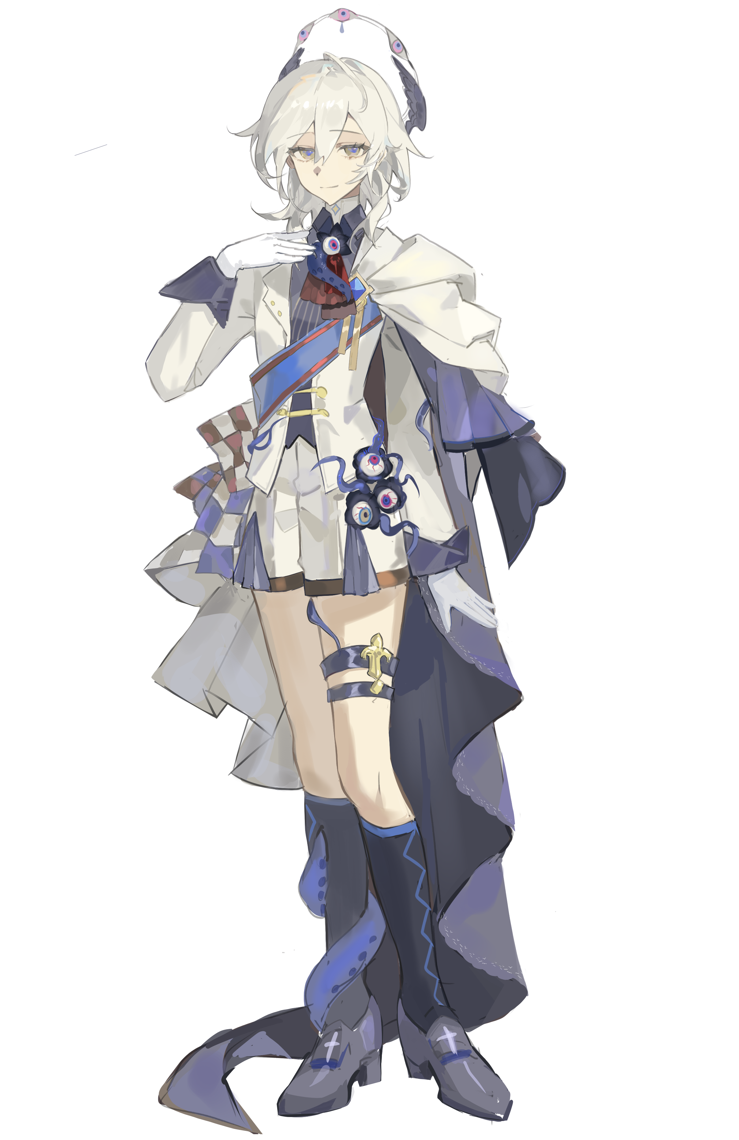 heiyi mataozi, original, absurdres, highres, 1girl, black shoes, black socks, brown eyes, closed mouth, double-parted bangs, full body, gloves, hair between eyes, hand up, jacket, kneehighs, long hair, looking at viewer, multiple thigh straps, open clothes, open jacket, shoes, shorts, simple background, smile, socks, solo, standing, white background, white gloves, white hair, white jacket, white shorts