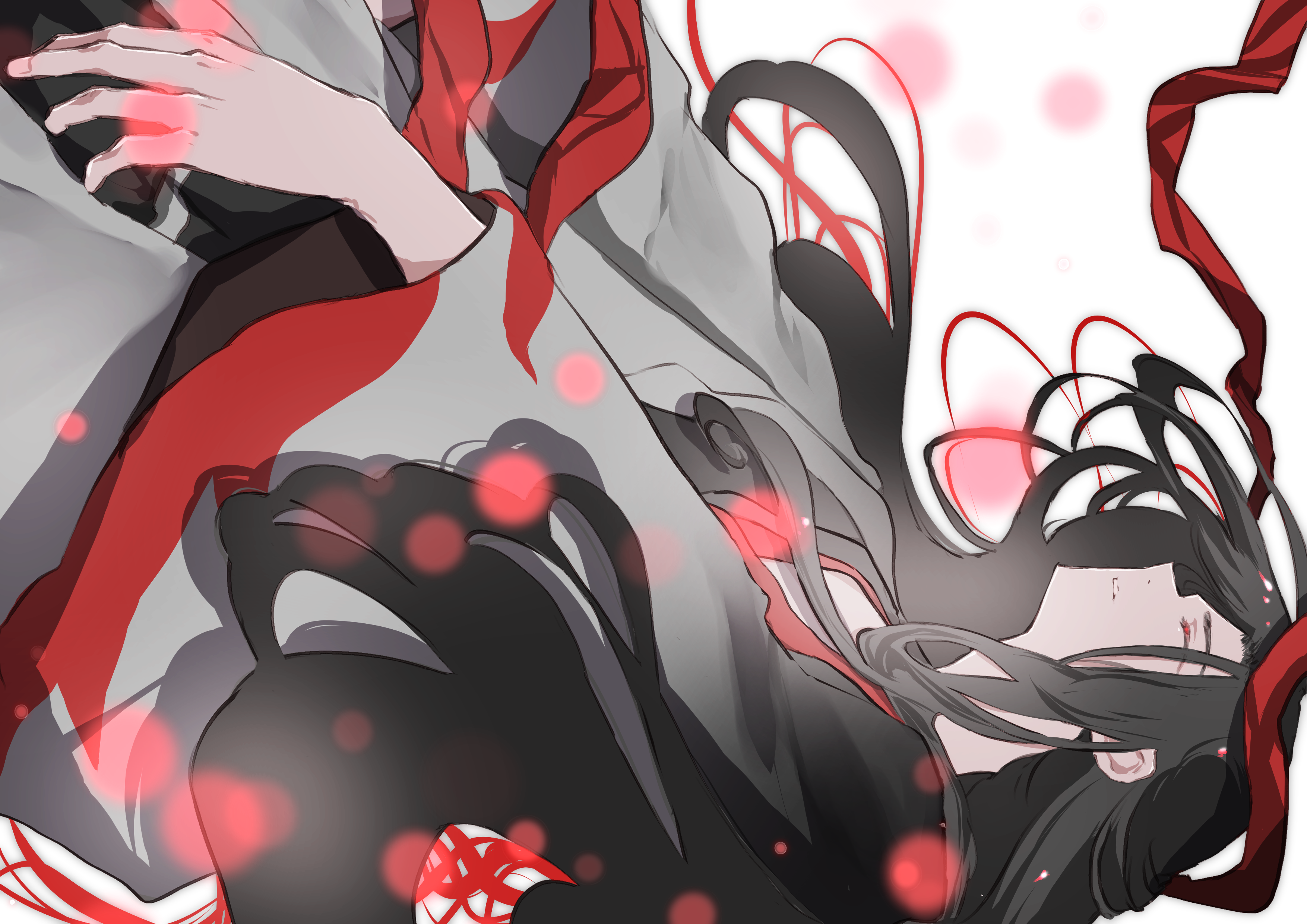 naruse (kmk648), wei wuxian, wei wuxian (yiling laozu), modao zushi, absurdres, highres, 1boy, black hair, black hanfu, blurry, bokeh, chinese clothes, closed eyes, coat, depth of field, falling, floating hair, from side, grey coat, hair down, hair ribbon, half updo, hanfu, light particles, long hair, long sleeves, male focus, official alternate costume, official alternate hairstyle, parted lips, profile, red ribbon, ribbon, robe, sidelocks, simple background, solo, upper body, white background, wide sleeves